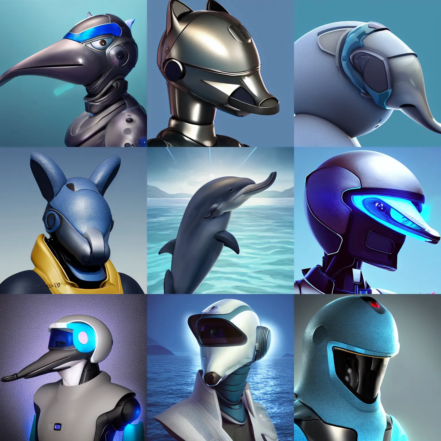 Prompt: very very beautiful furry art, bust profile picture of a male robotic anthro bottlenose dolphin, synthetic cetacean hybrid android, face covered by opaque visor, truncated snout under visor, round shapes, all dark blue metal, commission on furaffinity, cgsociety, octane render, sea in background