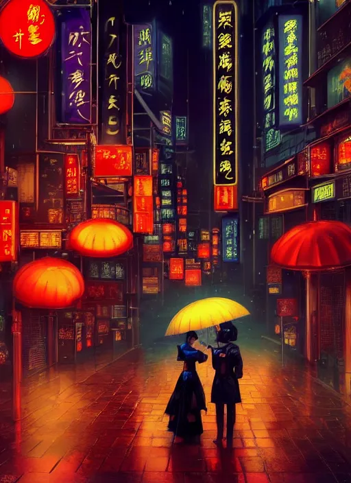 Prompt: a photo lollowing a perfect geisha woman holding an umbrella, futuristic city at nights, rainy day, lots of details, ( ( ( chinese neon shop sign ) ) ), photorealism, cyberpunk art by fyodor vasilyev, zbrush central contest winner, cubo - futurism, synthwave, darksynth, retrowave, shot with hasselblade camera