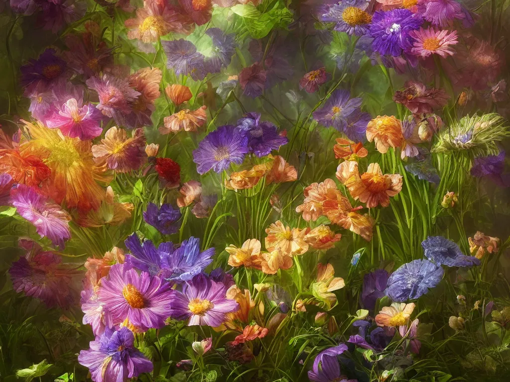 Prompt: 3d render of iridescent wildflowers, Sunlight Study, by Rachel Ruysch and Jan Davidsz de Heem and (((((Lisa Frank))))), Art Nouveau, 8k, extreme detail, sharp focus, octane render