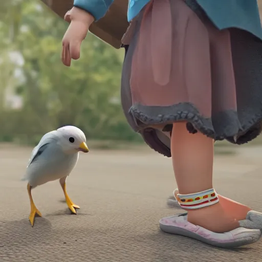 Image similar to a bird helping a little girl with learning to walk, 4k, hyperrealistic, focused, extreme details, masterpiece, unreal engine 5