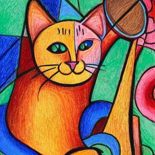 Prompt: cat with lute, sitting in the rose garden, medieval portrait, cubism, colored pencil, close up