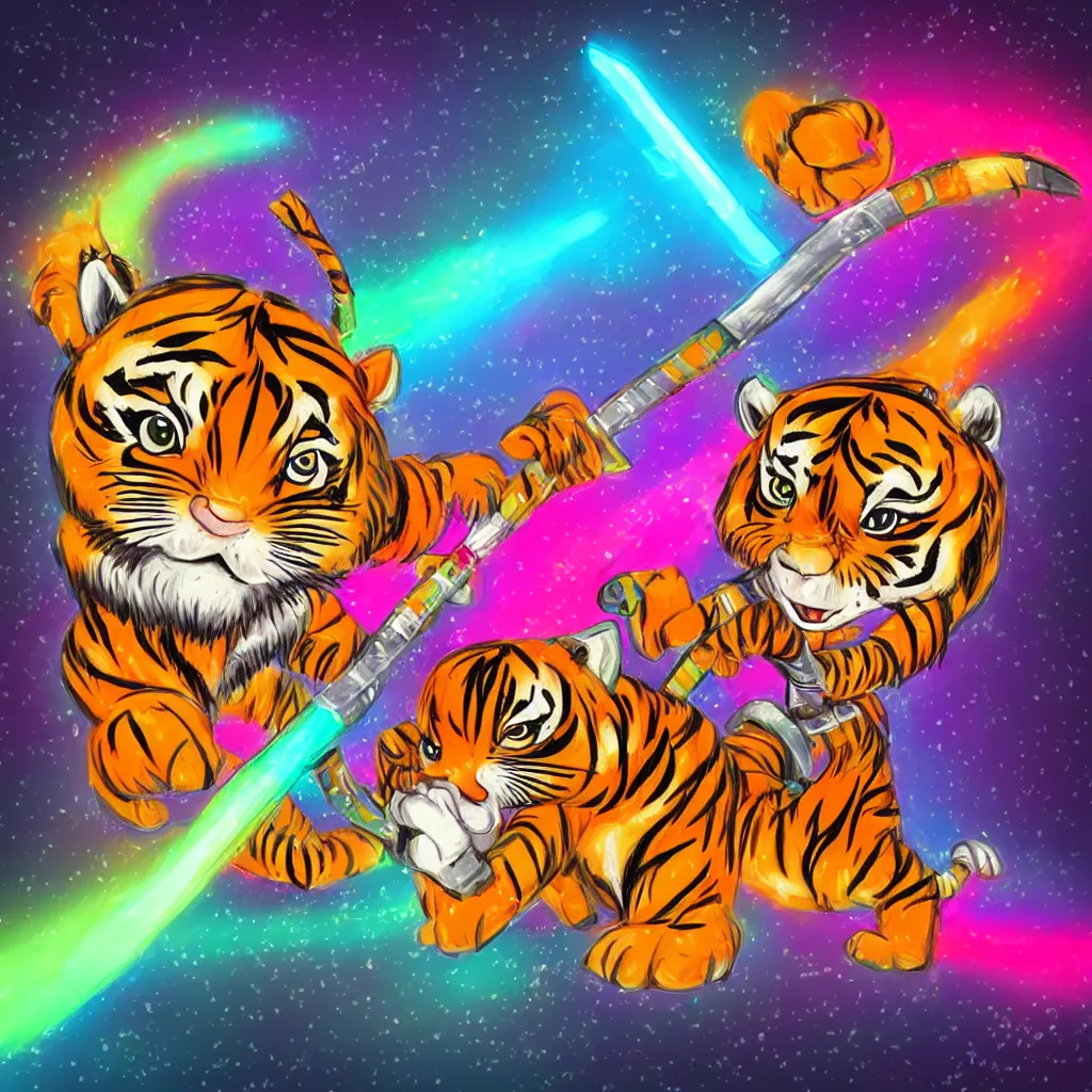 Prompt: a chibi tiger holding the handle of a katana, neon lightning, vibrant colors, digital art