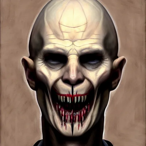 Image similar to Facial portrait. silent hill version of lord voldemort, looking at the camera, slight evil smile, lips wide parted, mouth wide open, sharp teeth visible. fear inspiring, intimidating, extremely detailed painting. by Greg Rutkowski and by Henry Justice Ford and by Steve Henderson.