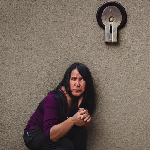 Image similar to incan woman crouching in front of a futuristic door picking a lock