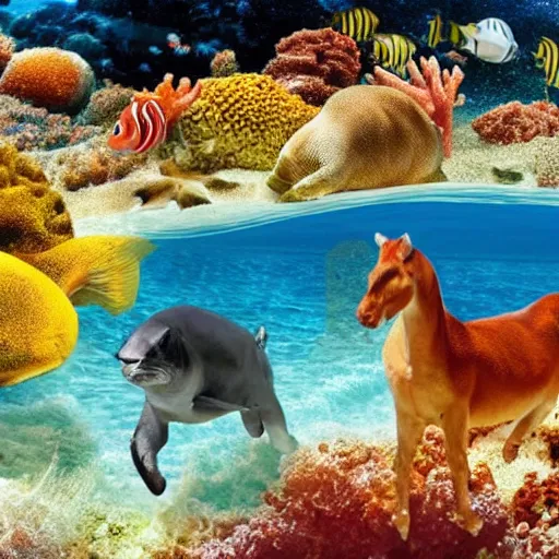 Prompt: A world where sea animals walk on land and land animals swim in the sea