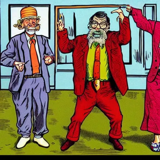 Prompt: The Artwork of R. Crumb and his Cheap Suit crazy old man dancing, pencil and colored marker artwork, trailer-trash lifestyle