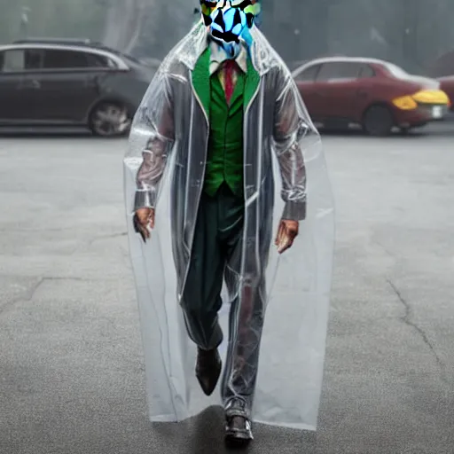 Prompt: The Joker (2019) wearing a transparent raincoat