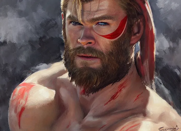 Image similar to a highly detailed beautiful portrait of chris hemsworth as kratos, by gregory manchess, james gurney, james jean