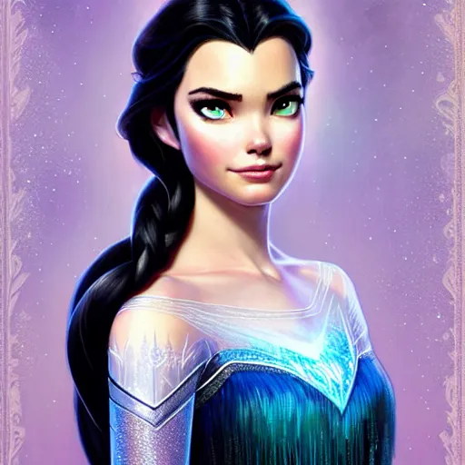 Image similar to Odette Annable with black hair as Elsa from Frozen, western, D&D, fantasy, intricate, elegant, highly detailed, digital painting, artstation, concept art, matte, sharp focus, illustration, art by Artgerm and Greg Rutkowski and Alphonse Mucha