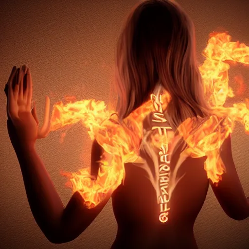 Image similar to beautiful young blonde woman from behind with flames in her hands, high detail, realistic, symmetrical face, art by unreal engine 5 art