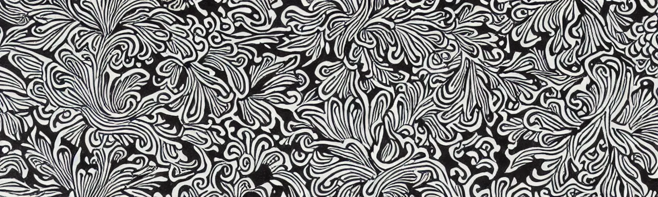 Prompt: Elaborate floral print of Clouds and bugs in the style of Matisse, high contrast finely carved woodcut black and white crisp edges