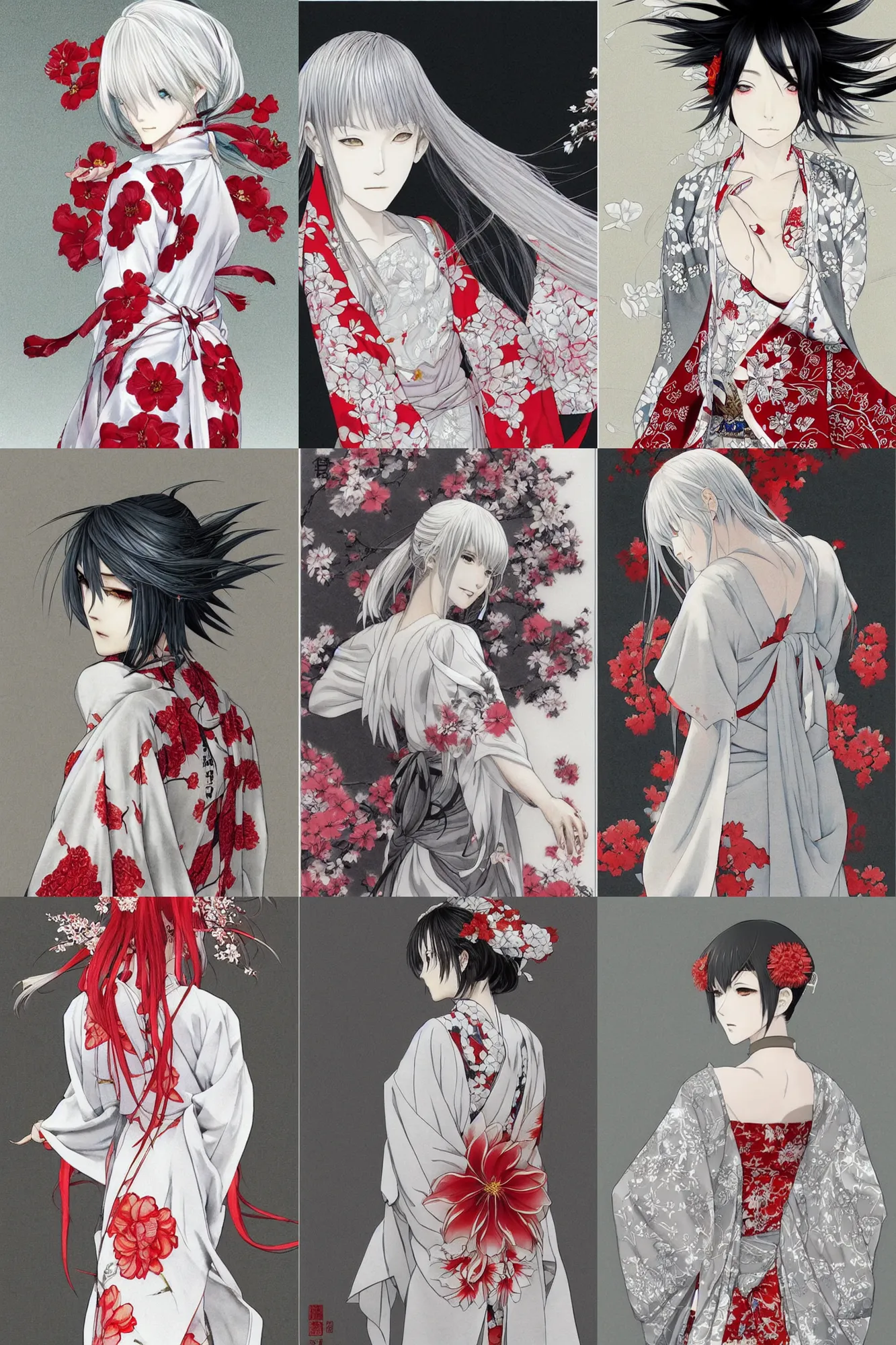 Image similar to beautiful girl, silver hair, white kimono with complex red flower patterns, full body, looking to camera, showing her shoulder from back, ilustration by ((Takehiko Inoue)) ((and Krenz Cushart))