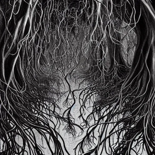 Image similar to award - winning painting of pitch black, tar - like, shadow roots with lots of tendrils spreading everywhere, intricate detail, deep black roots, infestation, shadowy, lovecraftian, beksinksi, black and white, monochrome