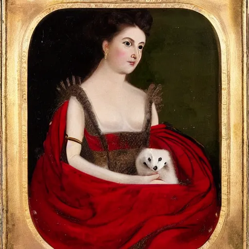 Image similar to painting of a woman seated in profile, holding a small white ermine in her left hand. She is dressed in a lavish red and gold gown, and her dark hair is pulled back from her face in a severe style. Her expression is one of calm detachment, and she stares straight ahead with a slight smile on her lips.