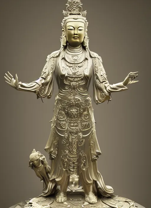 Image similar to a art deco sculpture statue of full body guanyin, intricate complexity,, statue by jane hamilton, ruan jia, character concept, radiant light,, frostbite 3 engine, cryengine, dof, trending on artstation, digital art, fantasy detailed abackground