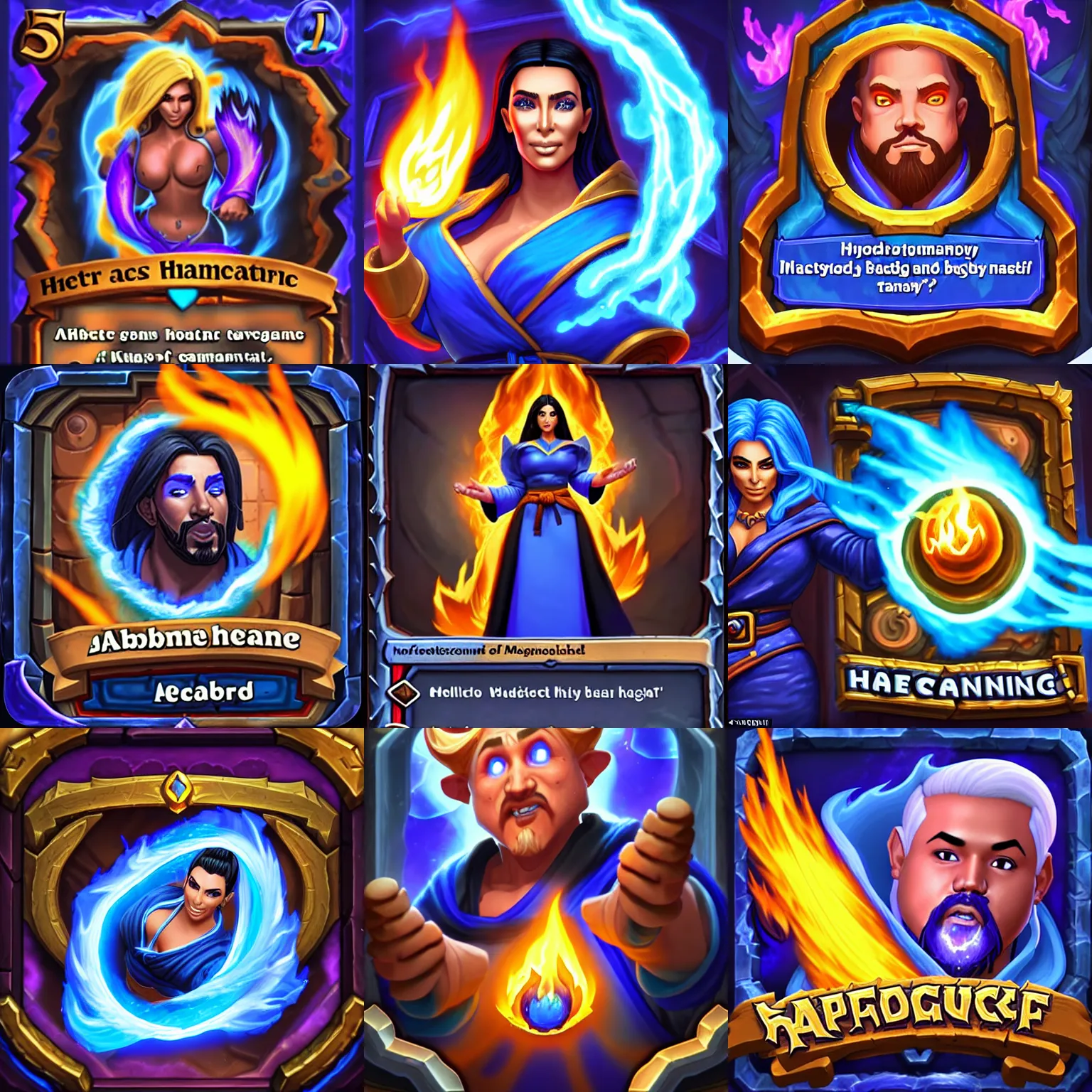 Prompt: Who : a mage with a blue robe casting a fire ball; Body : Kim Kardashian body ; Head : Albert Heard face and hair ; IMPORTANT : Hearthstone official splash art, award winning, trending in category \'hyperdetailed\'