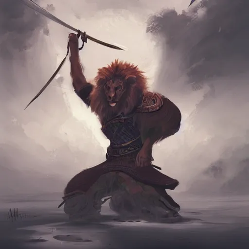 Image similar to lion as an samurai, backround dark, highly detailed, digital illustration, trending in artstation, modern painting, smooth, sharp focus, intricate, by peter mohrbacher