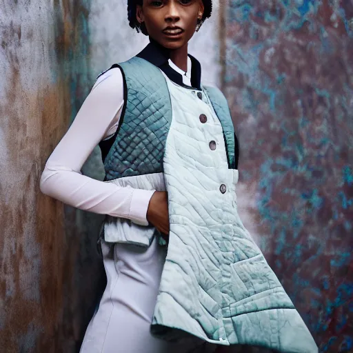 Prompt: realistic photoshooting for a new heliot emil lookbook color film photography portrait of a beautiful woman model paneled down - filled quilted polyester taffeta vest, photo in style of tyler mitchell