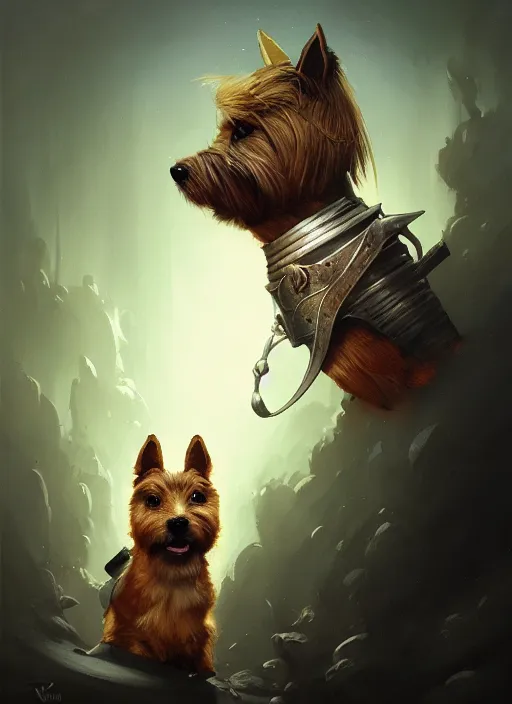 Prompt: norwich terrier as an knight, backround dark, highly detailed, digital illustration, trending in artstation, modern painting, smooth, sharp focus, intricate, by peter mohrbacher