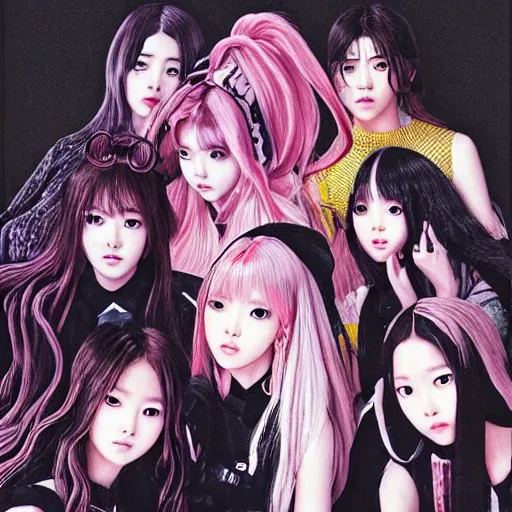 Image similar to blackpink k - pop group, wide angle, by kentaro miura