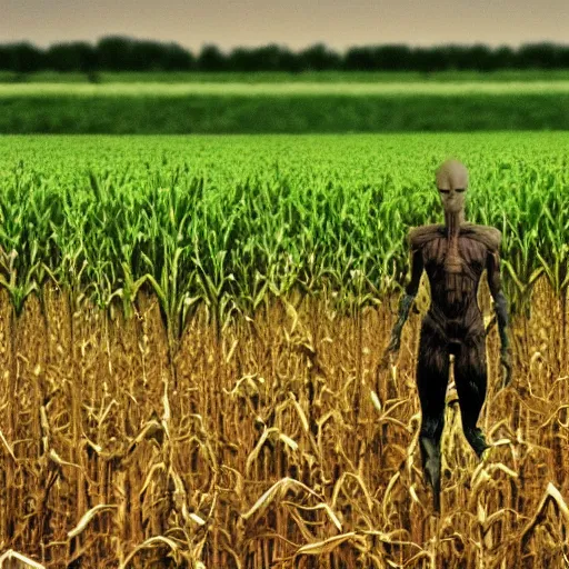 Image similar to found footage grainy photo of an alien creeping through a corn field