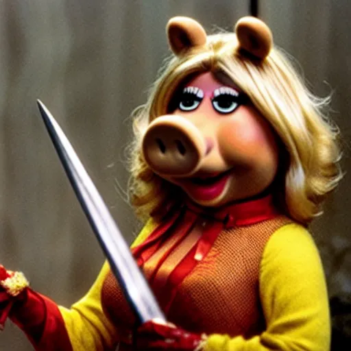 Image similar to Miss Piggy as the Bride in Kill Bill, holding sword, photo, ultra detailed, 4k