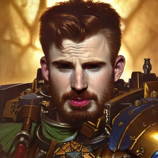 Image similar to full portrait of warhammer 4 0 k chris evans, fantasy, d & d, intricate, detailed, by by alphonse mucha, adolfo hohenstein, alice russell glenny, stanley artgerm lau, greg rutkowski, detailed, trending on artstation, trending on artstation, smooth