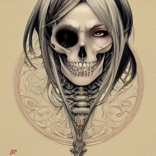 Image similar to anime manga skull profile young woman skeleton, elf, ape, monkey, unreal engine, intricate, elegant, highly detailed, digital art, art by JC Leyendecker and sachin teng