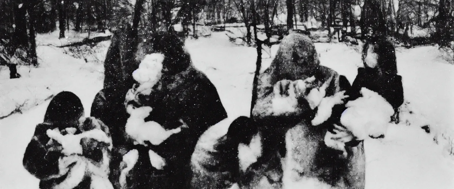 Prompt: weegee portrait of a woman holding a baby in the snow at night