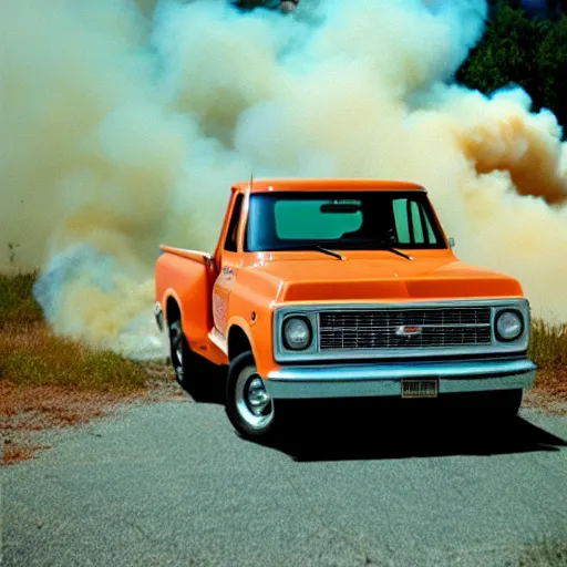 Image similar to 1972 orange and white Chevrolet C10 pickup fleeing a wildfire, Cinestill 800T