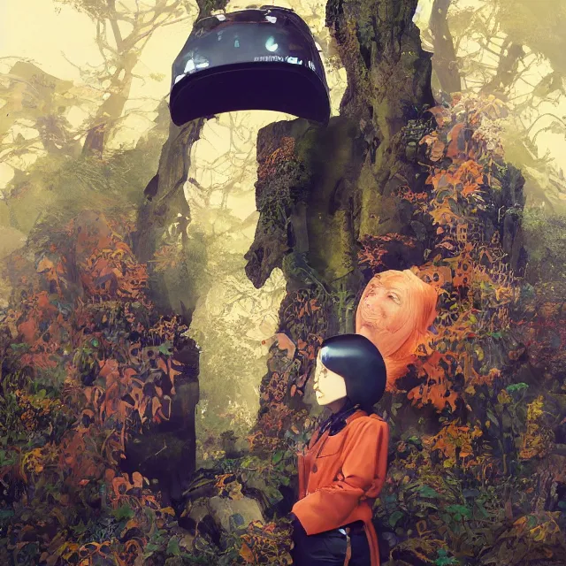 Prompt: portrait of alone androgynous girl wearing long orange vintage leather coat, bakelite rocky mountains, moss green japanese haunted forest background, ultrafine hyperdetailed illustration by hsiao - ron cheng and artgerm, wearing giant modular synthesizer 8 0 s sony stereo helmet and backpack, the grand budapest hotel, glow, no crop, digital art, artstation, pop art