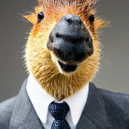 Image similar to a high detail photo of an antropomorphic capybara wearing a suit, subject= duck, subject detail: wearing a suit, photorealism