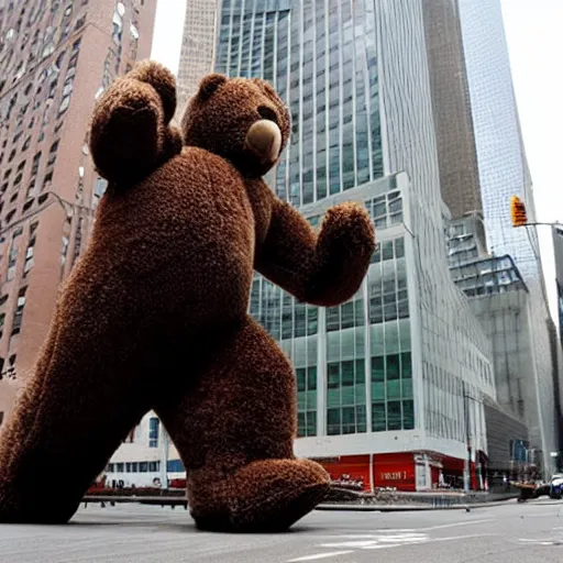 Image similar to a giant teddy bear is walking and crashing buildings in New York