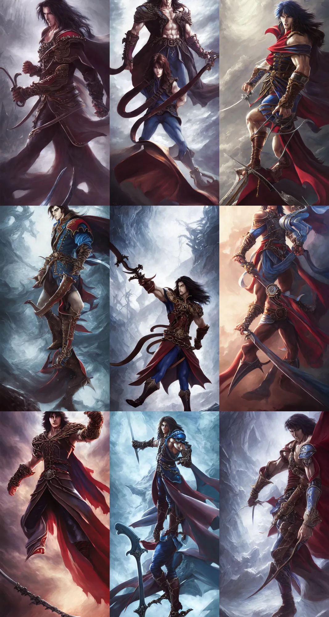 Prompt: richter belmont standing alone holding a long winding whip, castlevania, medium shot portrait, by stanley artgerm lau, wlop, rossdraws, james jean, andrei riabovitchev, marc simonetti, and sakimi chan, trending on artstation