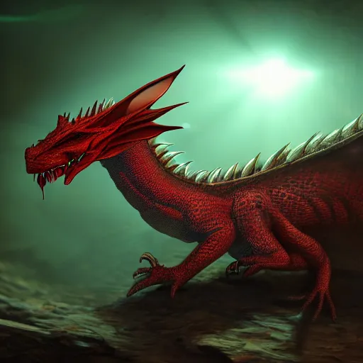 Image similar to red scaly dragon sleeping on a pile of bones in a dark dusty cave with a ray of light shining on it\'s face. Very detailed 8k. Photorealistic fantasy