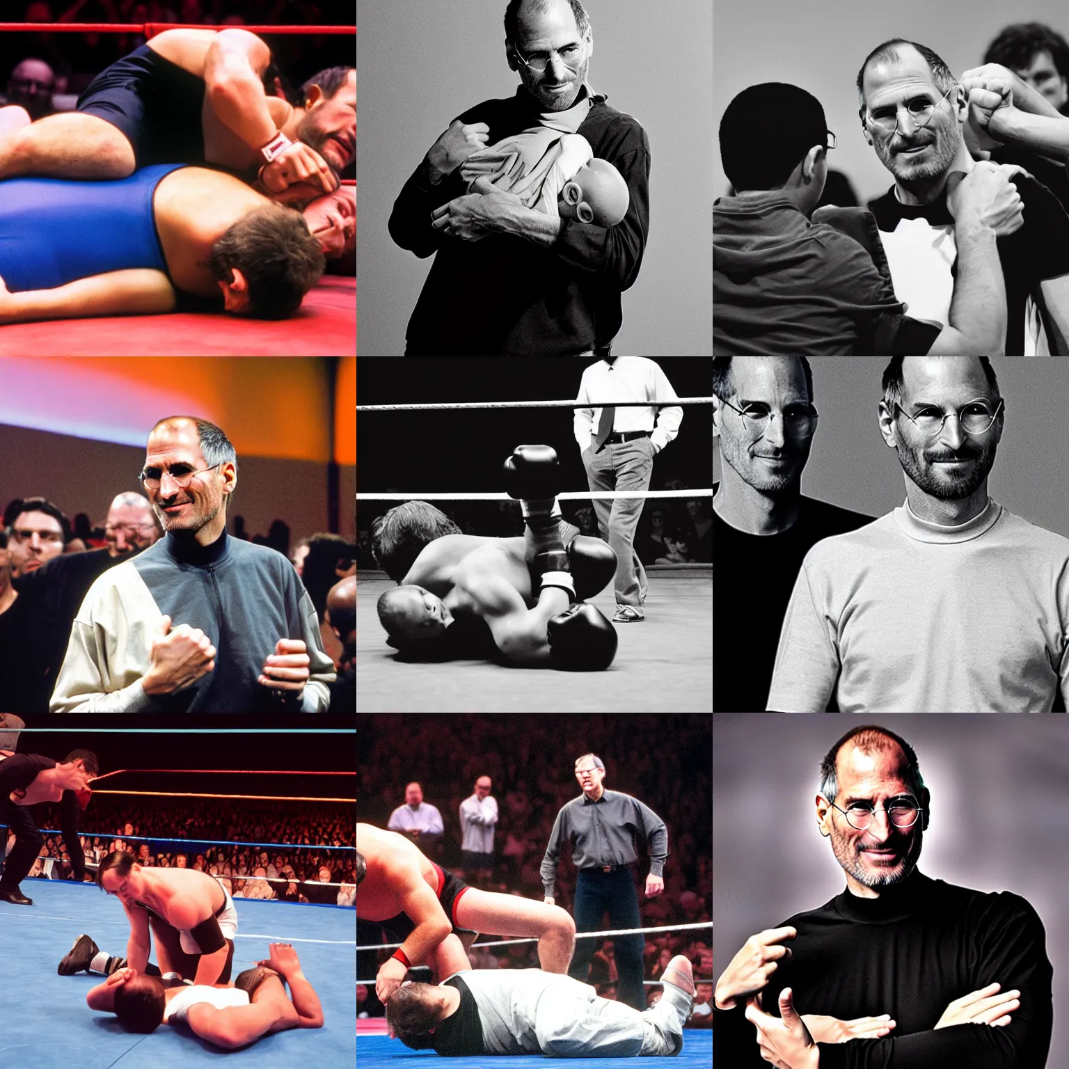 Prompt: steve jobs on top of bill gates wrestling, choke hold, las vegas prize fight, perfect lighting, high quality photo,