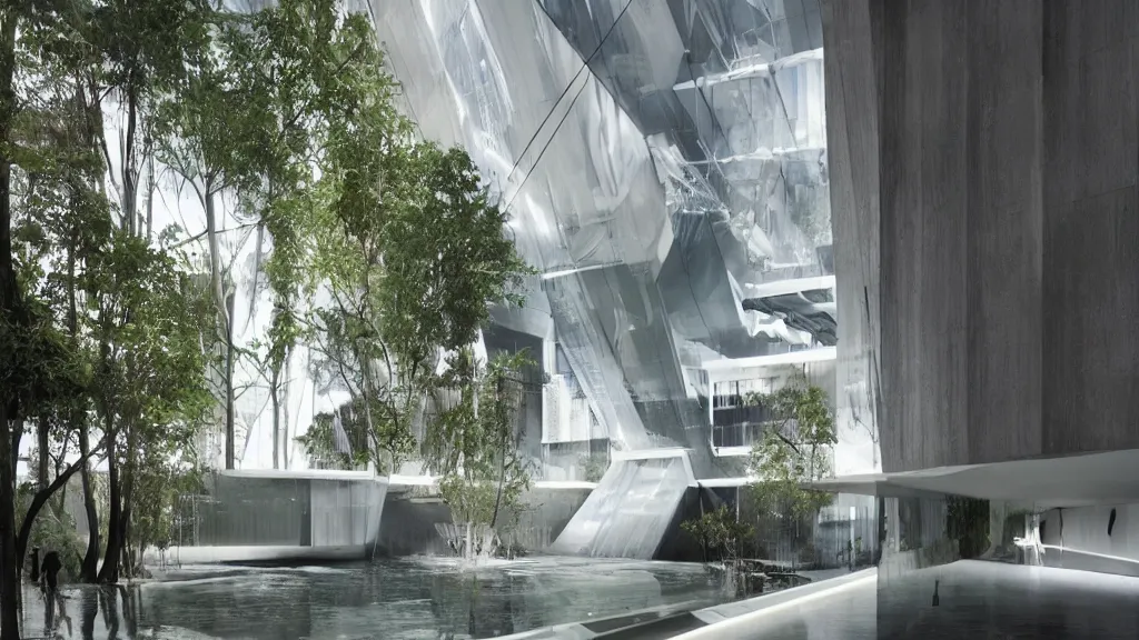 Prompt: overall architectural design, a small waterfall between two glassy residentials, cinematic lighting, high details, realistic, manimalist, style of zaha hadid