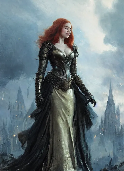 Prompt: happy redhead emilia clarke wearing shiny black medieval armour, detailed, by gaston bussiere, bayard wu, greg rutkowski, giger, maxim verehin, greg rutkowski, masterpiece, sharp focus, cinematic lightning