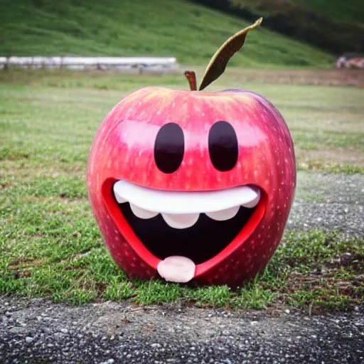 Image similar to happiest apple in the world, wide grin, photograph