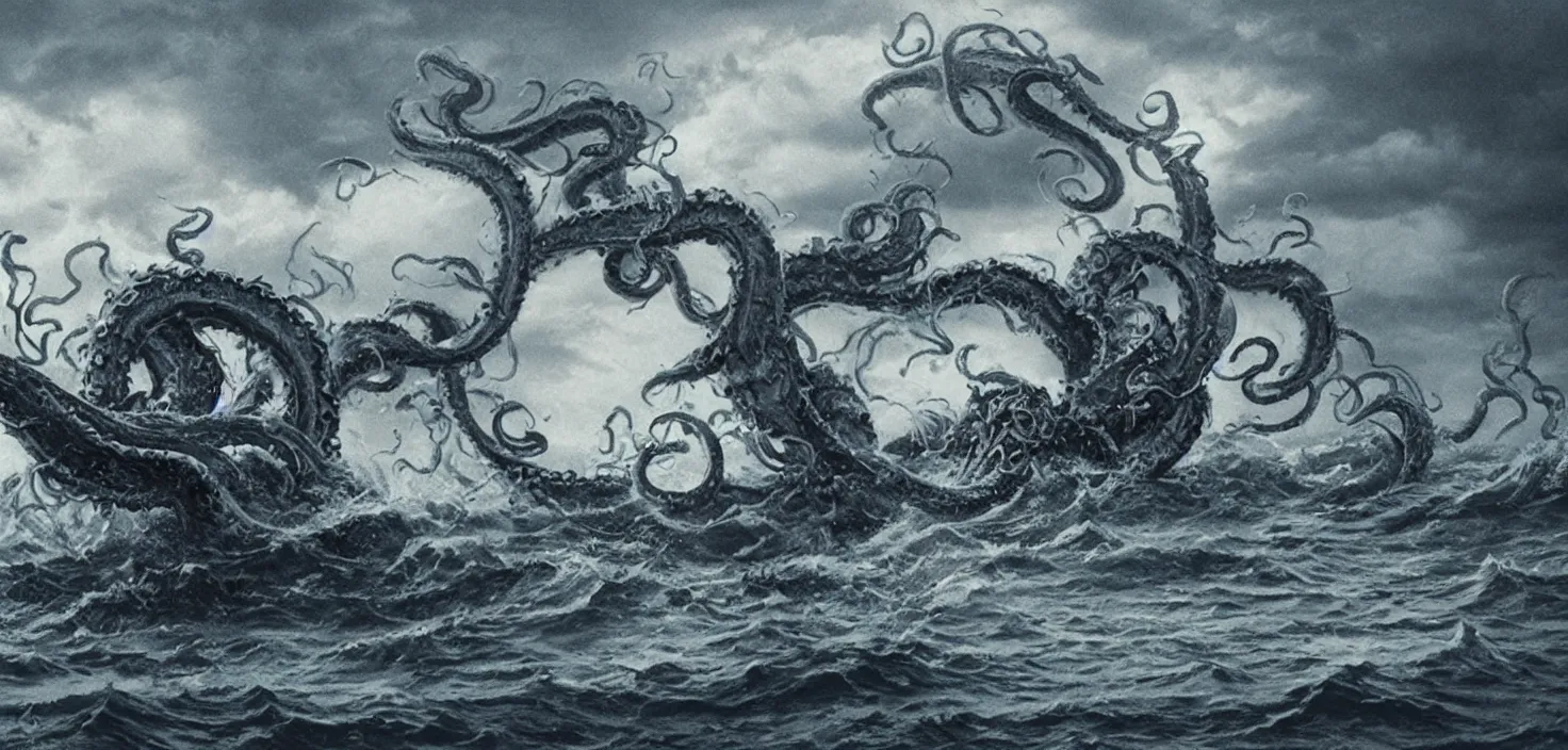 Prompt: kraken destroying boat, rising from the sea