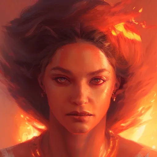 Image similar to a beautiful portrait of a fire goddess, flaming background, a detailed painting by greg rutkowski and raymond swanland, featured on cgsociety, fantasy art, detailed painting, artstation hd, photorealistic