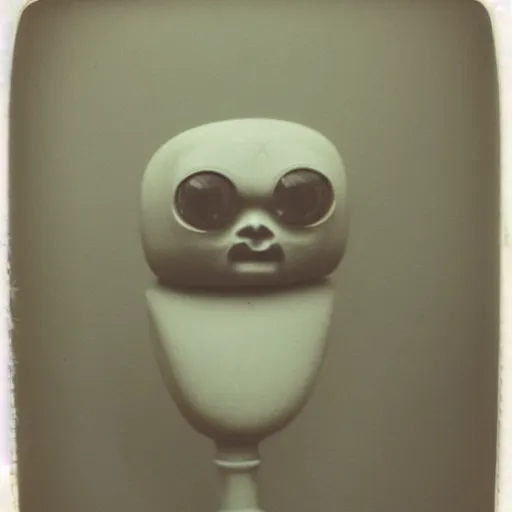 Image similar to old polaroid of a creepy head with large eyes