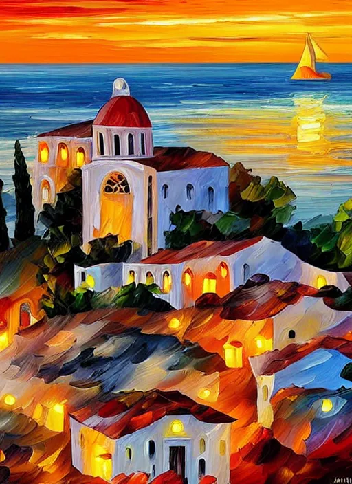 Image similar to beautiful seaside greek village and chapel at sunset in the style of leonid afremov