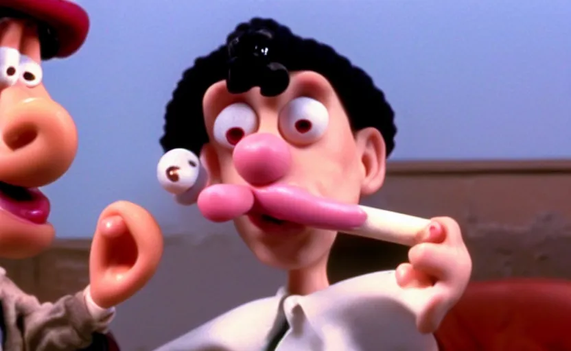 Image similar to Wallace smoking crack from a crack pipe in a still from the short movie A Grand Day Out (1989), crack cocaine, Wallace and Gromit, Aardman Animations, claymation, 4k, high quality