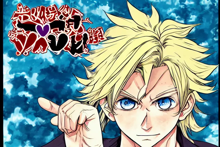 Image similar to manga volume cover, boy with blue eyes and long blonde hair, symmetrical face happy, stubble, handsome face, jojo's bizzare adventure, manga cover, hirohiko araki, illustration