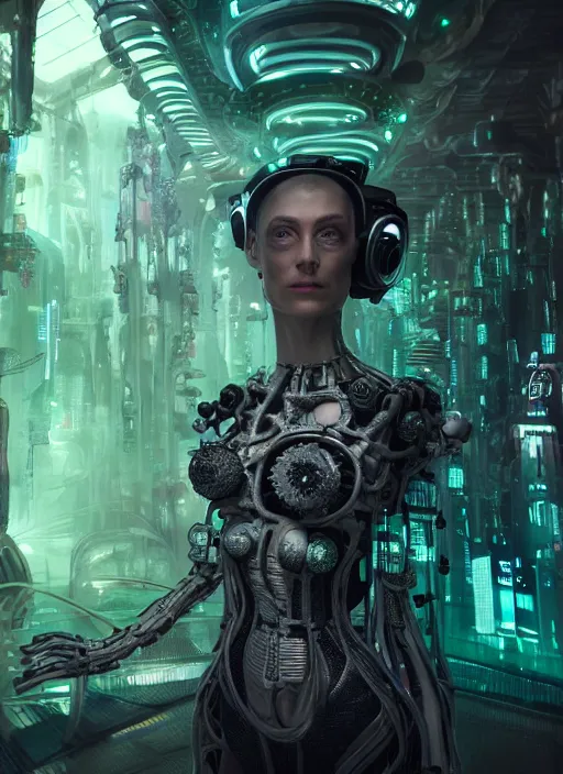 Image similar to 35mm portrait of 7 of 9 borg on the background of a weird magical mechanical forest. Round gears visible inside her hear. Very detailed 8k. Fantasy cyberpunk horror. Sharp. Unreal 5 render with nanite, global illumination and path tracing. Cinematic post-processing