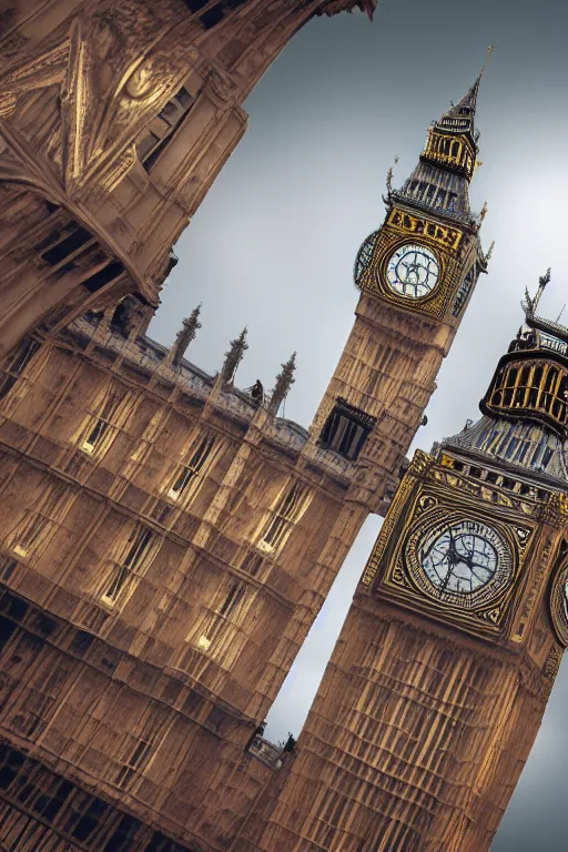 Prompt: photography of a hyghly detailed ghost pirate ship flying above big ben. london. intricate, hyper realism, professional digital art, unreal engine 5, 8 k render, sharp focus, trending on art station.