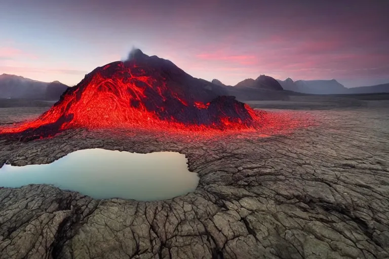 Image similar to amazing landscape photo of mountains with lava lake in sunset by marc adamus beautiful dramatic lighting, Gediminas Pranckevicius