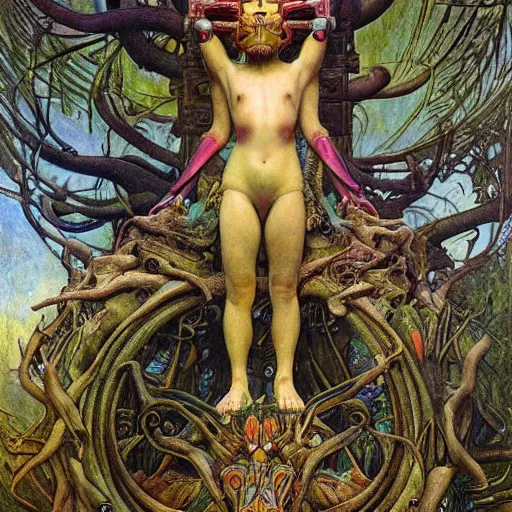 Image similar to robot seizes the forest throne, by Annie Swynnerton and Diego Rivera and Elihu Vedder, symbolist, dramatic lighting, elaborate geometric ornament, tattoos, Art Brut, soft cool colors,smooth, sharp focus, extremely detailed, Adolf Wölfli and Donato Giancola