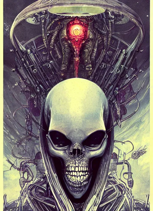 Image similar to alien flying saucer tarot card,highly detailed,half skull face,cinematic,8k,by Stanley Artgermm,Tom Bagshaw,Greg Rutkowski,Carne Griffiths, Ayami Kojima, Beksinski, Giger,trending on DeviantArt,hyper detailed,horror, full of colour